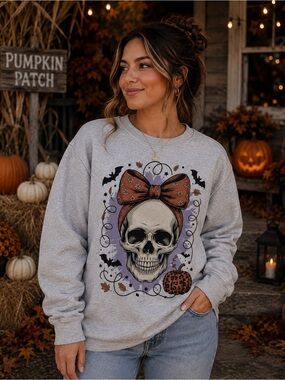 Gray Halloween Skull Graphic Sweatshirt with Bow
